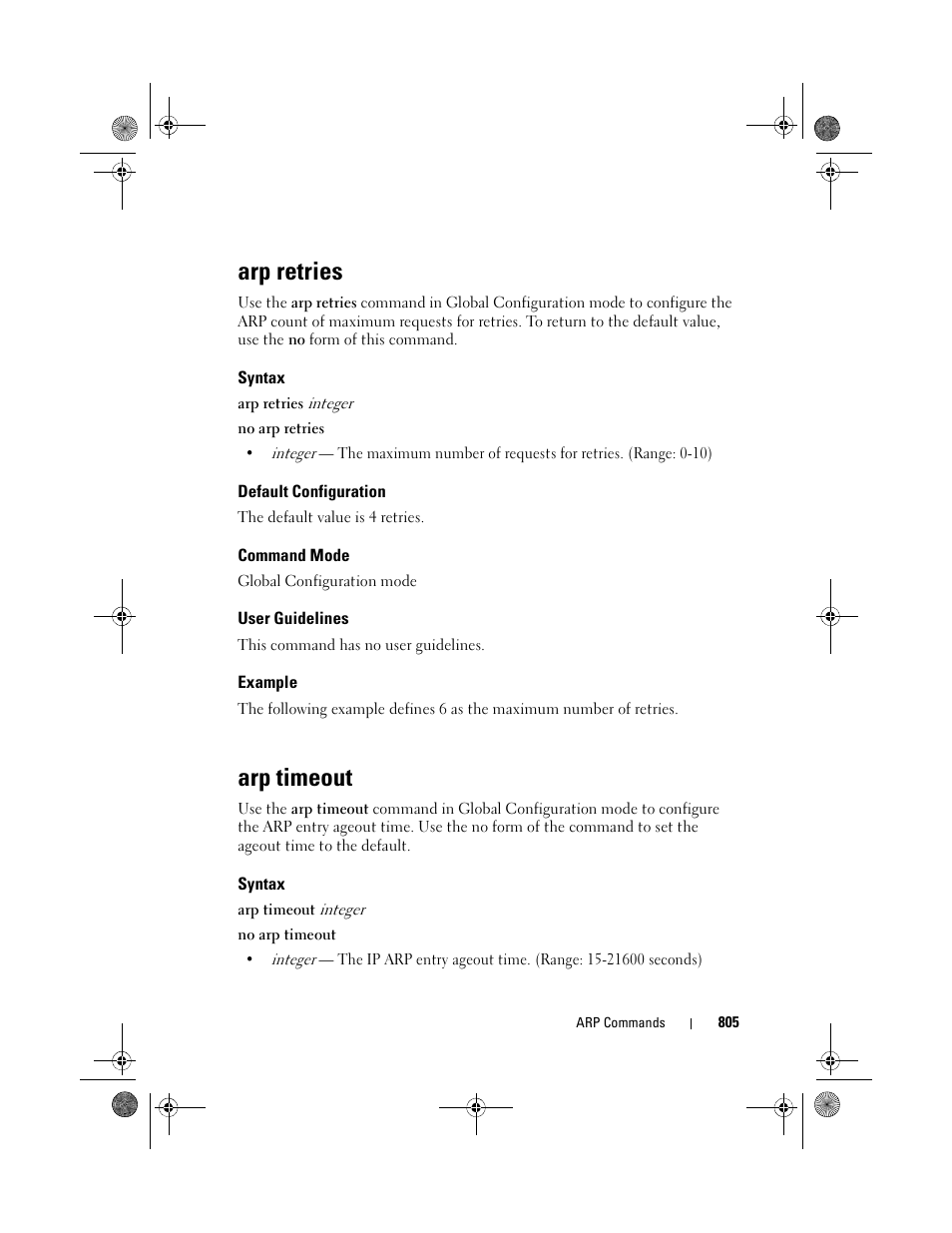 Arp retries, Syntax, Default configuration | Command mode, User guidelines, Example, Arp timeout | Dell POWEREDGE M1000E User Manual | Page 805 / 1682