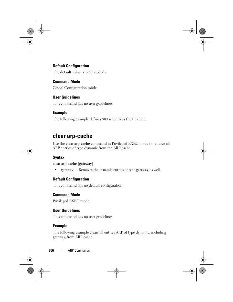 Default configuration, Command mode, User guidelines | Example, Clear arp-cache, Syntax | Dell POWEREDGE M1000E User Manual | Page 806 / 1682