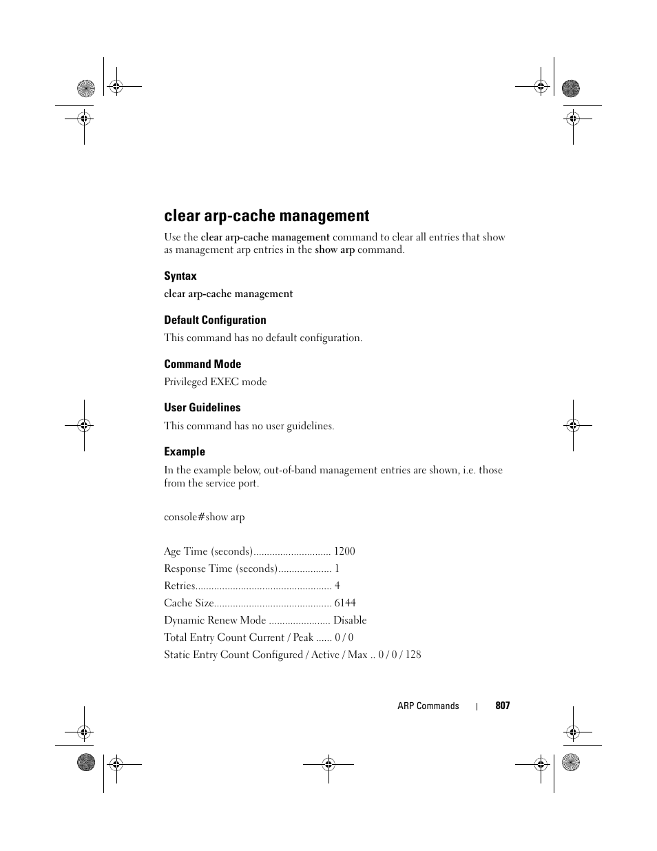 Clear arp-cache management, Syntax, Default configuration | Command mode, User guidelines, Example | Dell POWEREDGE M1000E User Manual | Page 807 / 1682