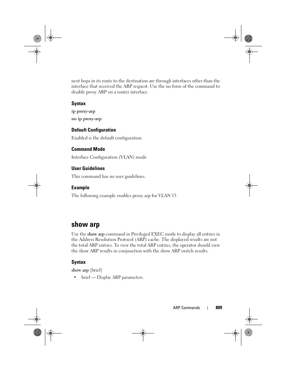 Syntax, Default configuration, Command mode | User guidelines, Example, Show arp | Dell POWEREDGE M1000E User Manual | Page 809 / 1682