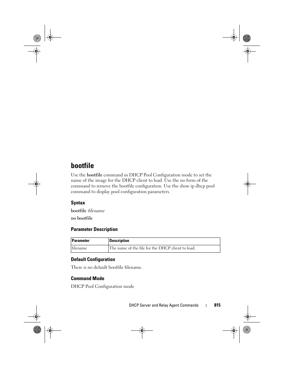 Bootfile, Syntax, Parameter description | Default configuration, Command mode | Dell POWEREDGE M1000E User Manual | Page 815 / 1682