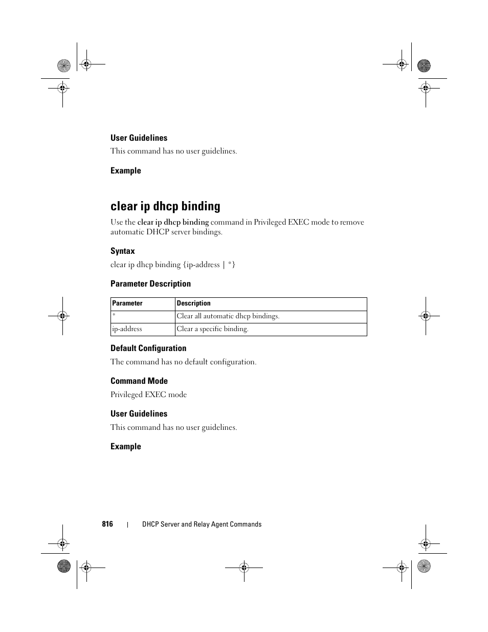 User guidelines, Example, Clear ip dhcp binding | Syntax, Parameter description, Default configuration, Command mode, Clear ip dhcp, Binding | Dell POWEREDGE M1000E User Manual | Page 816 / 1682