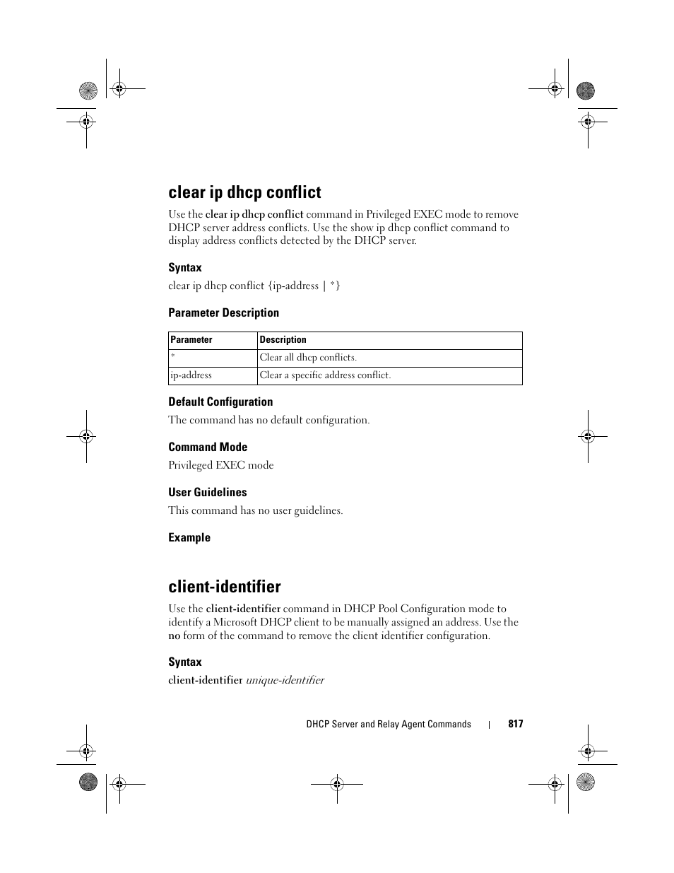 Clear ip dhcp conflict, Syntax, Parameter description | Default configuration, Command mode, User guidelines, Example, Client-identifier, Clear ip dhcp, Conflict | Dell POWEREDGE M1000E User Manual | Page 817 / 1682