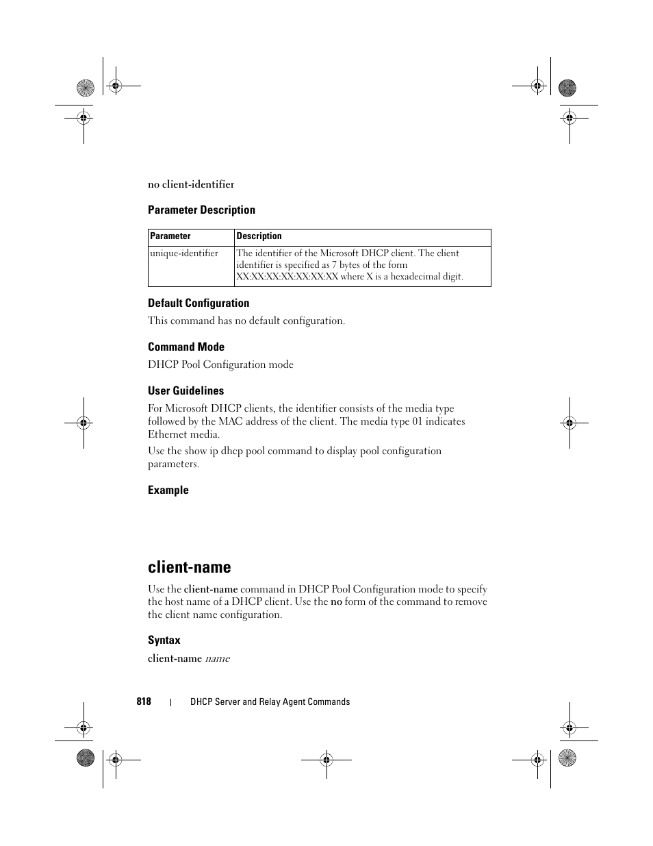 Parameter description, Default configuration, Command mode | User guidelines, Example, Client-name, Syntax | Dell POWEREDGE M1000E User Manual | Page 818 / 1682