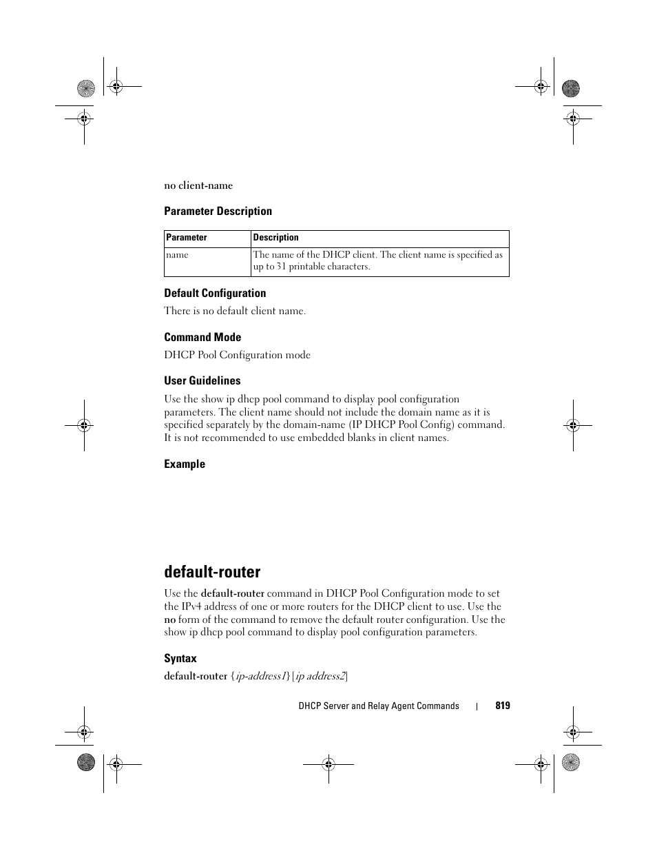 Parameter description, Default configuration, Command mode | User guidelines, Example, Default-router, Syntax | Dell POWEREDGE M1000E User Manual | Page 819 / 1682