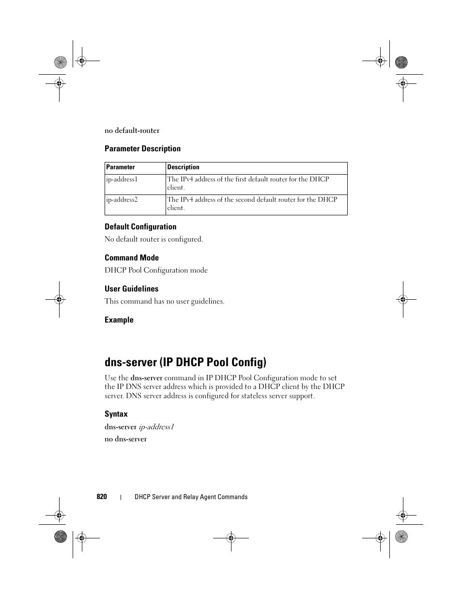 Parameter description, Default configuration, Command mode | User guidelines, Example, Dns-server (ip dhcp pool config), Syntax, Dns-server (ip, Dhcp pool, Config) | Dell POWEREDGE M1000E User Manual | Page 820 / 1682