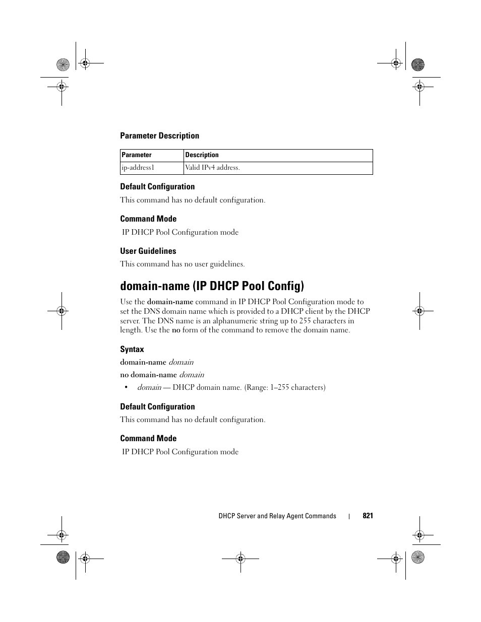 Parameter description, Default configuration, Command mode | User guidelines, Domain-name (ip dhcp pool config), Syntax, Domain-name (ip, Dhcp pool, Config) | Dell POWEREDGE M1000E User Manual | Page 821 / 1682