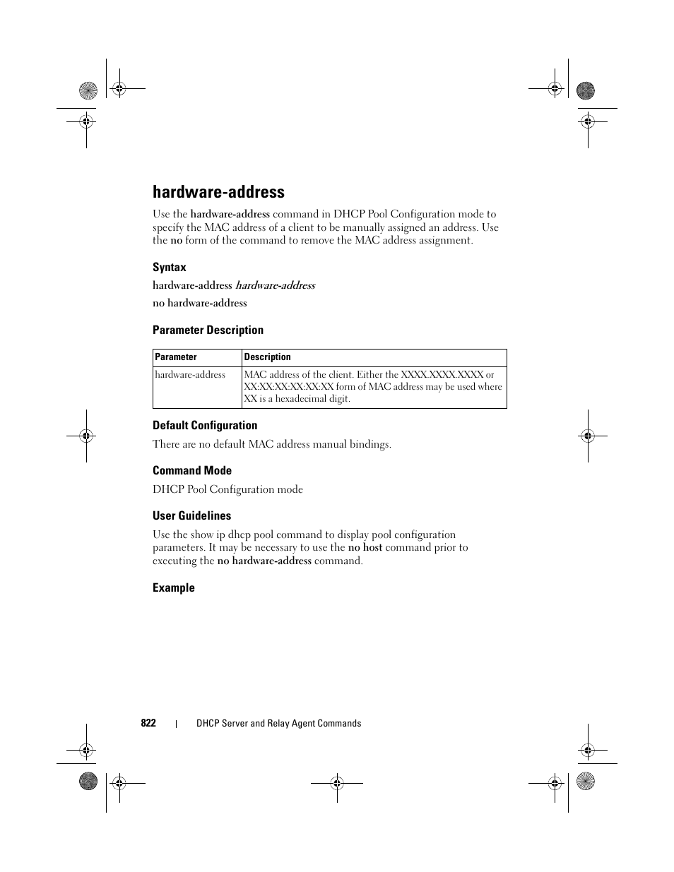 Hardware-address, Syntax, Parameter description | Default configuration, Command mode, User guidelines, Example | Dell POWEREDGE M1000E User Manual | Page 822 / 1682