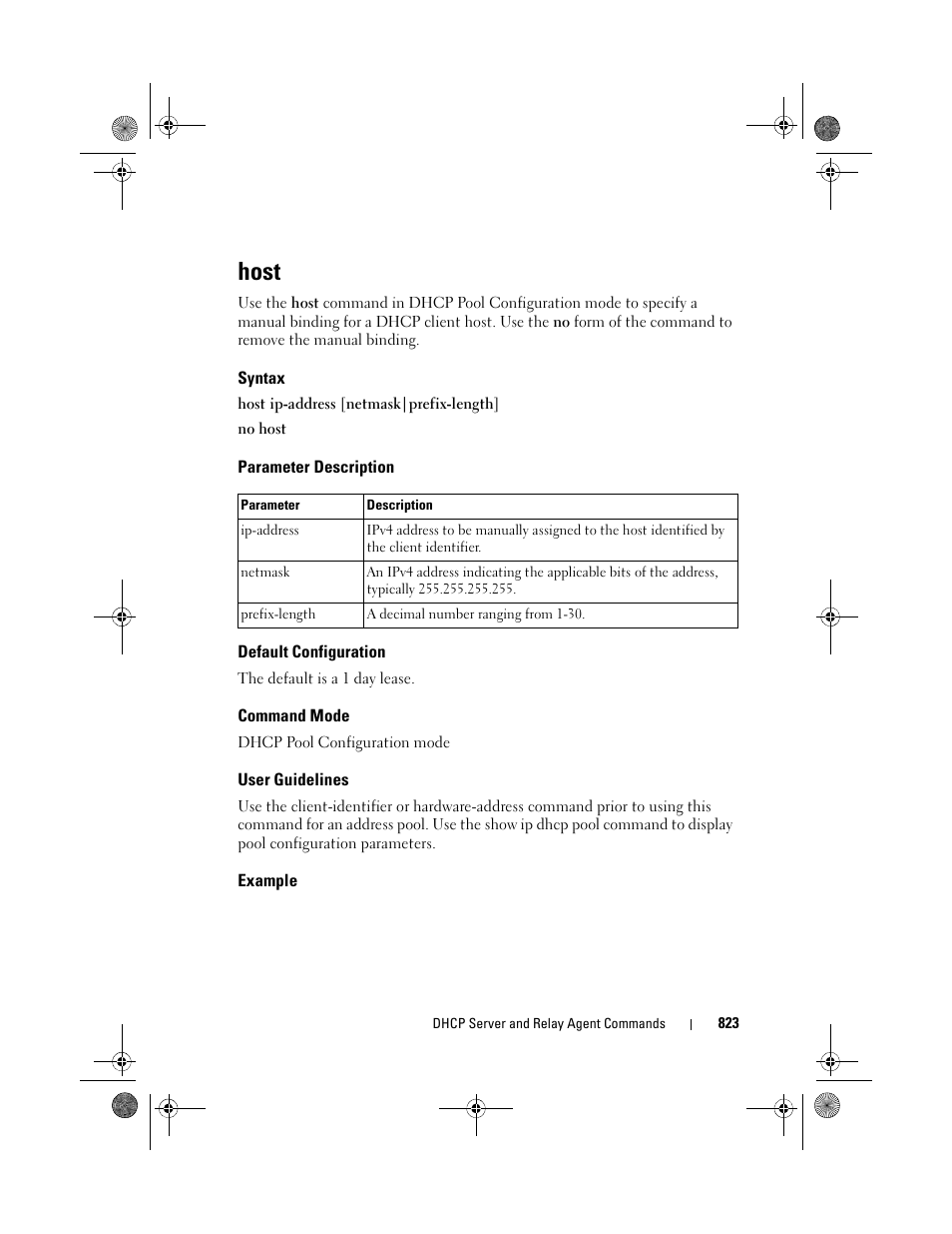 Host, Syntax, Parameter description | Default configuration, Command mode, User guidelines, Example | Dell POWEREDGE M1000E User Manual | Page 823 / 1682