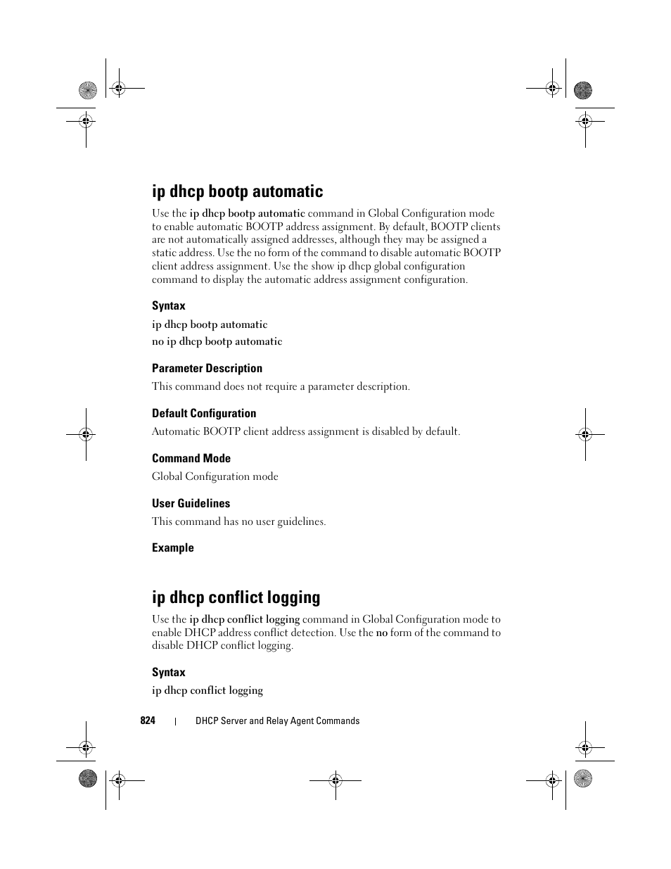 Ip dhcp bootp automatic, Syntax, Parameter description | Default configuration, Command mode, User guidelines, Example, Ip dhcp conflict logging, Ip dhcp bootp, Automatic | Dell POWEREDGE M1000E User Manual | Page 824 / 1682