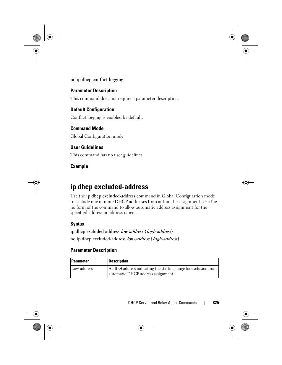 Parameter description, Default configuration, Command mode | User guidelines, Example, Ip dhcp excluded-address, Syntax, Ip dhcp excluded, Address | Dell POWEREDGE M1000E User Manual | Page 825 / 1682