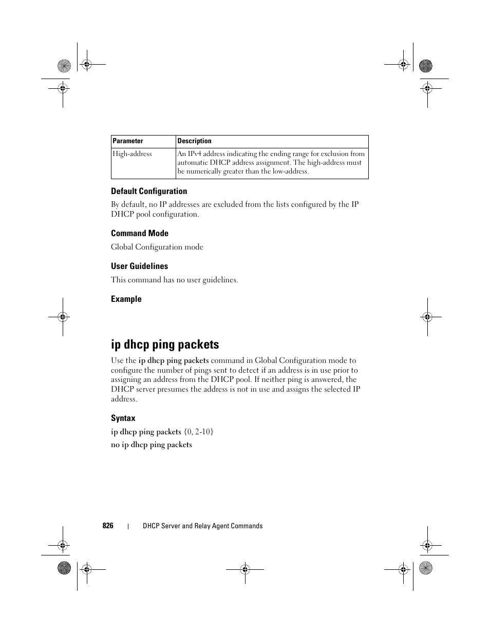 Default configuration, Command mode, User guidelines | Example, Ip dhcp ping packets, Syntax, Ip dhcp ping, Packets | Dell POWEREDGE M1000E User Manual | Page 826 / 1682