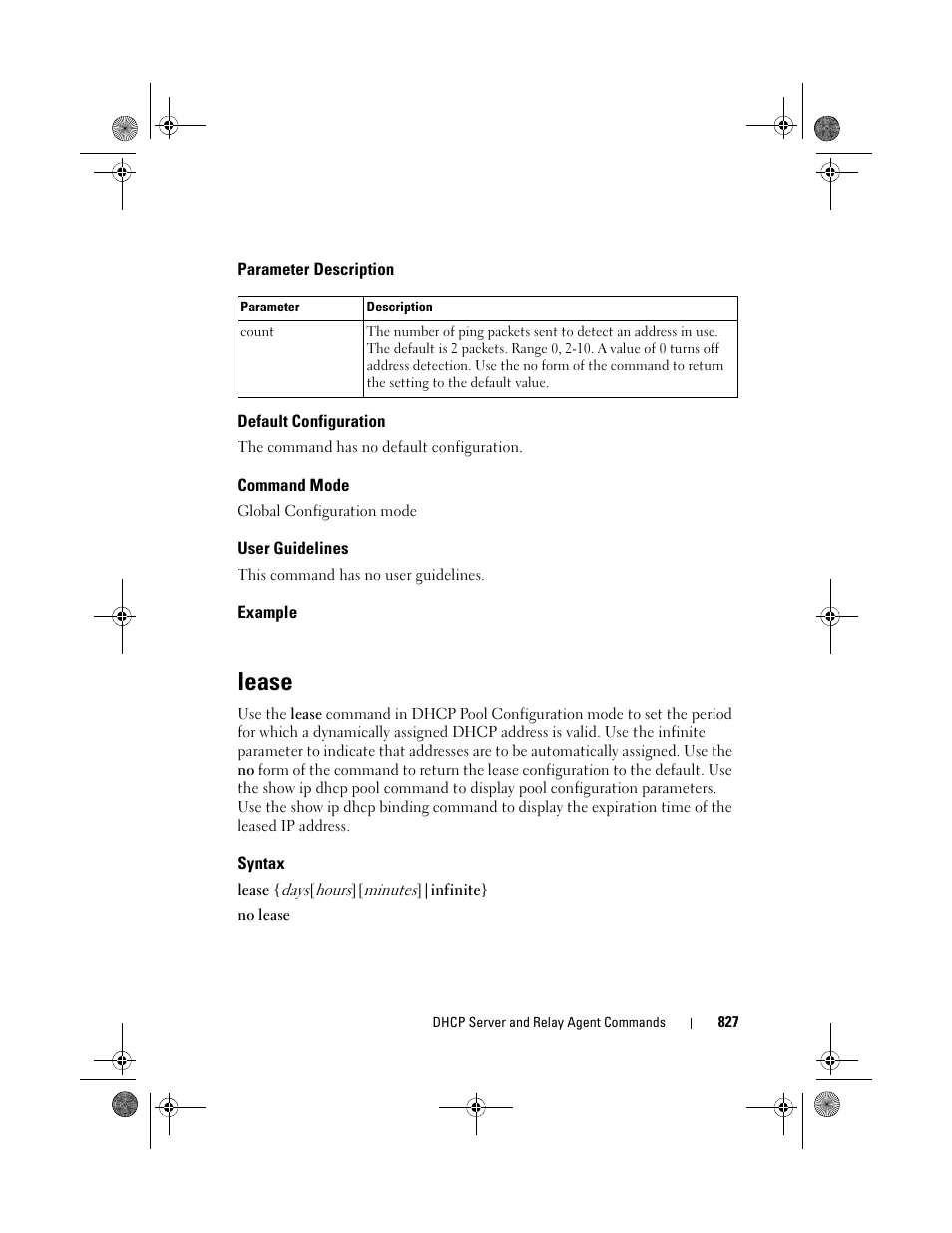 Parameter description, Default configuration, Command mode | User guidelines, Example, Lease, Syntax | Dell POWEREDGE M1000E User Manual | Page 827 / 1682