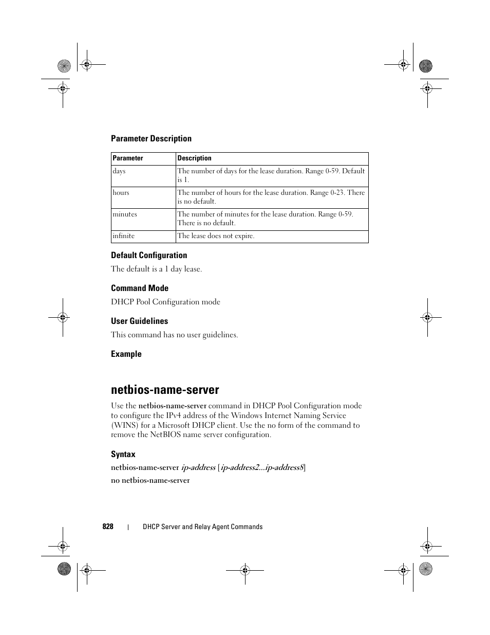 Parameter description, Default configuration, Command mode | User guidelines, Example, Netbios-name-server, Syntax, Netbios-name, Server | Dell POWEREDGE M1000E User Manual | Page 828 / 1682