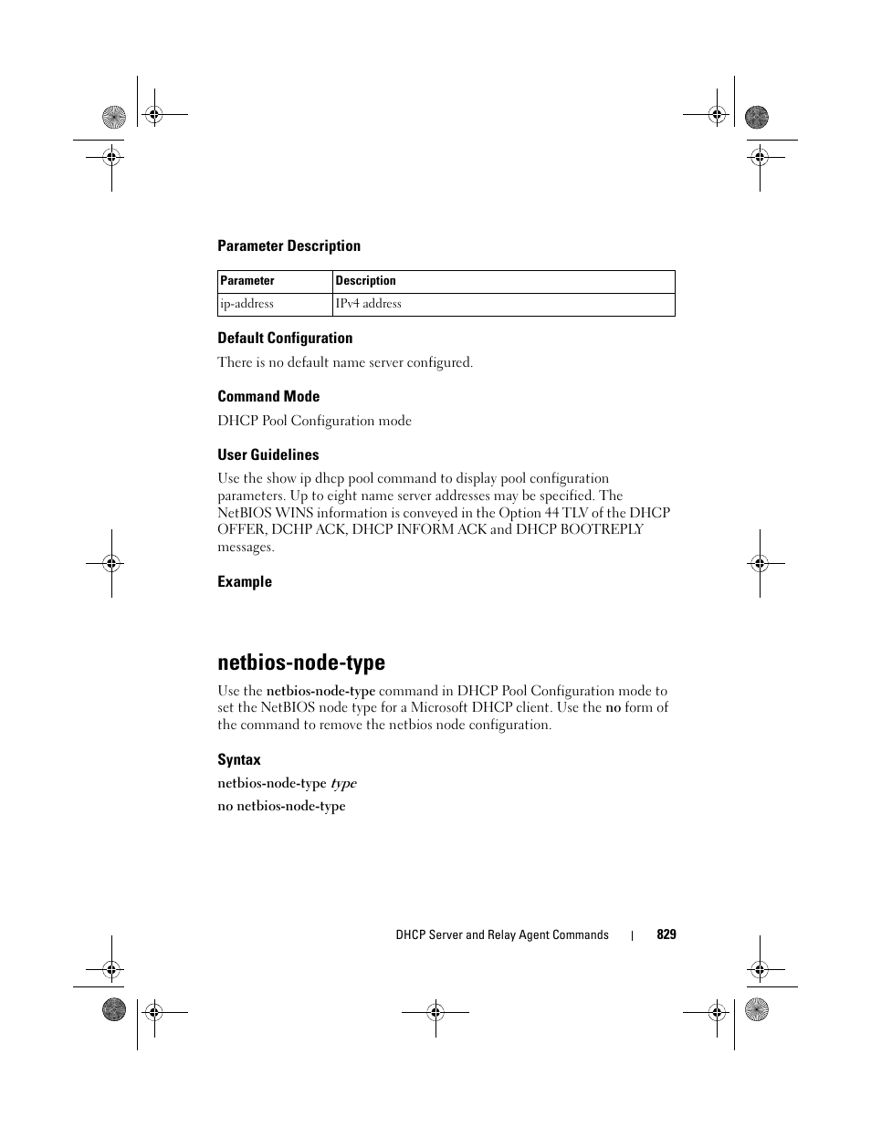 Parameter description, Default configuration, Command mode | User guidelines, Example, Netbios-node-type, Syntax | Dell POWEREDGE M1000E User Manual | Page 829 / 1682