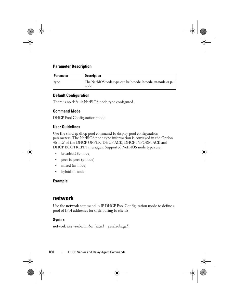 Parameter description, Default configuration, Command mode | User guidelines, Example, Network, Syntax | Dell POWEREDGE M1000E User Manual | Page 830 / 1682