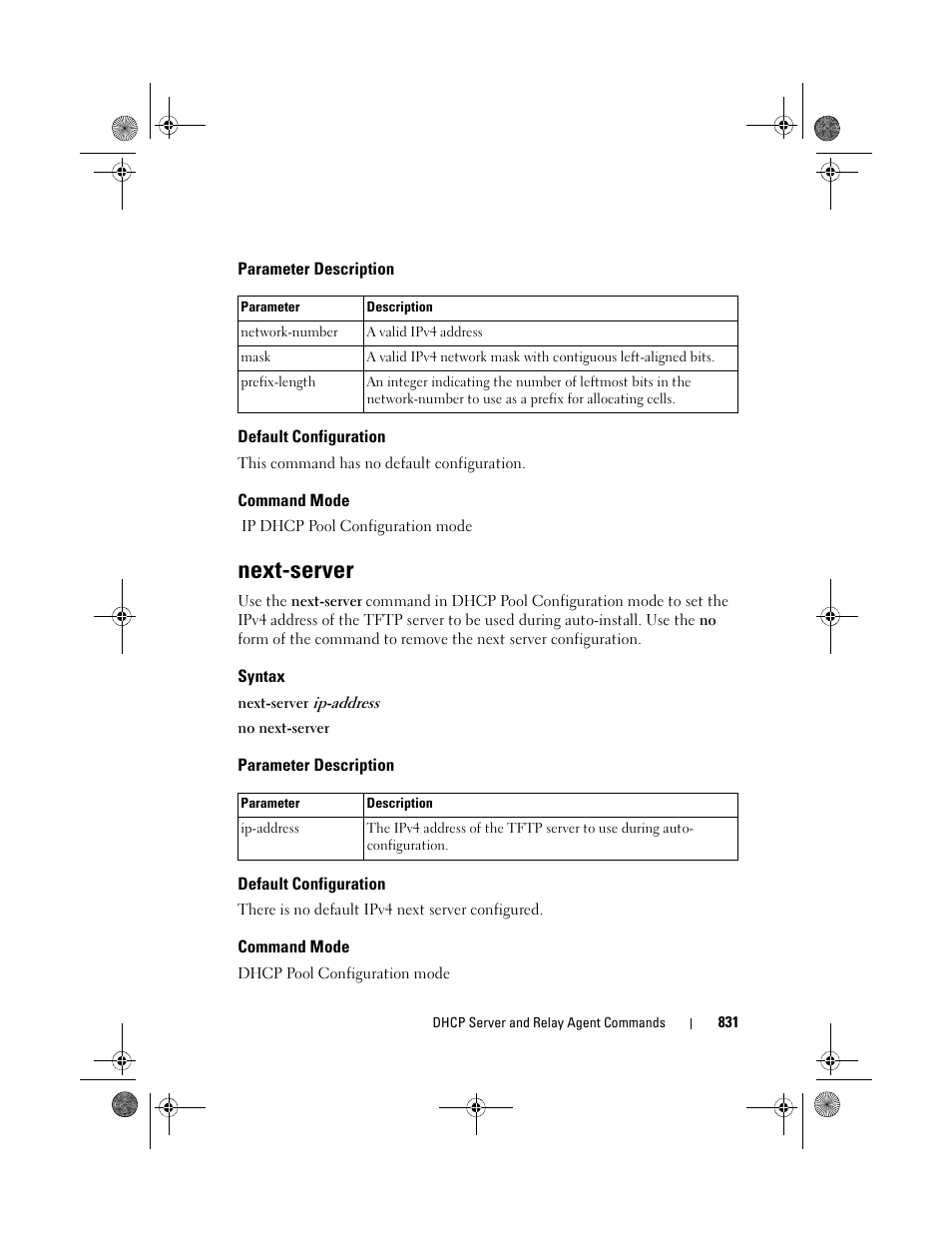 Parameter description, Default configuration, Command mode | Next-server, Syntax | Dell POWEREDGE M1000E User Manual | Page 831 / 1682