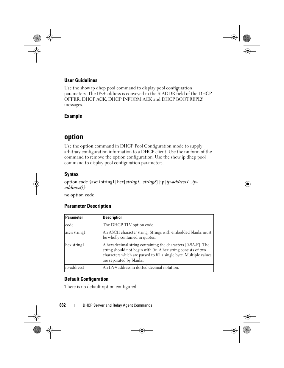 User guidelines, Example, Option | Syntax, Parameter description, Default configuration | Dell POWEREDGE M1000E User Manual | Page 832 / 1682