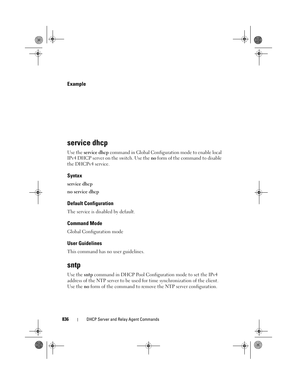 Example, Service dhcp, Syntax | Default configuration, Command mode, User guidelines, Sntp | Dell POWEREDGE M1000E User Manual | Page 836 / 1682