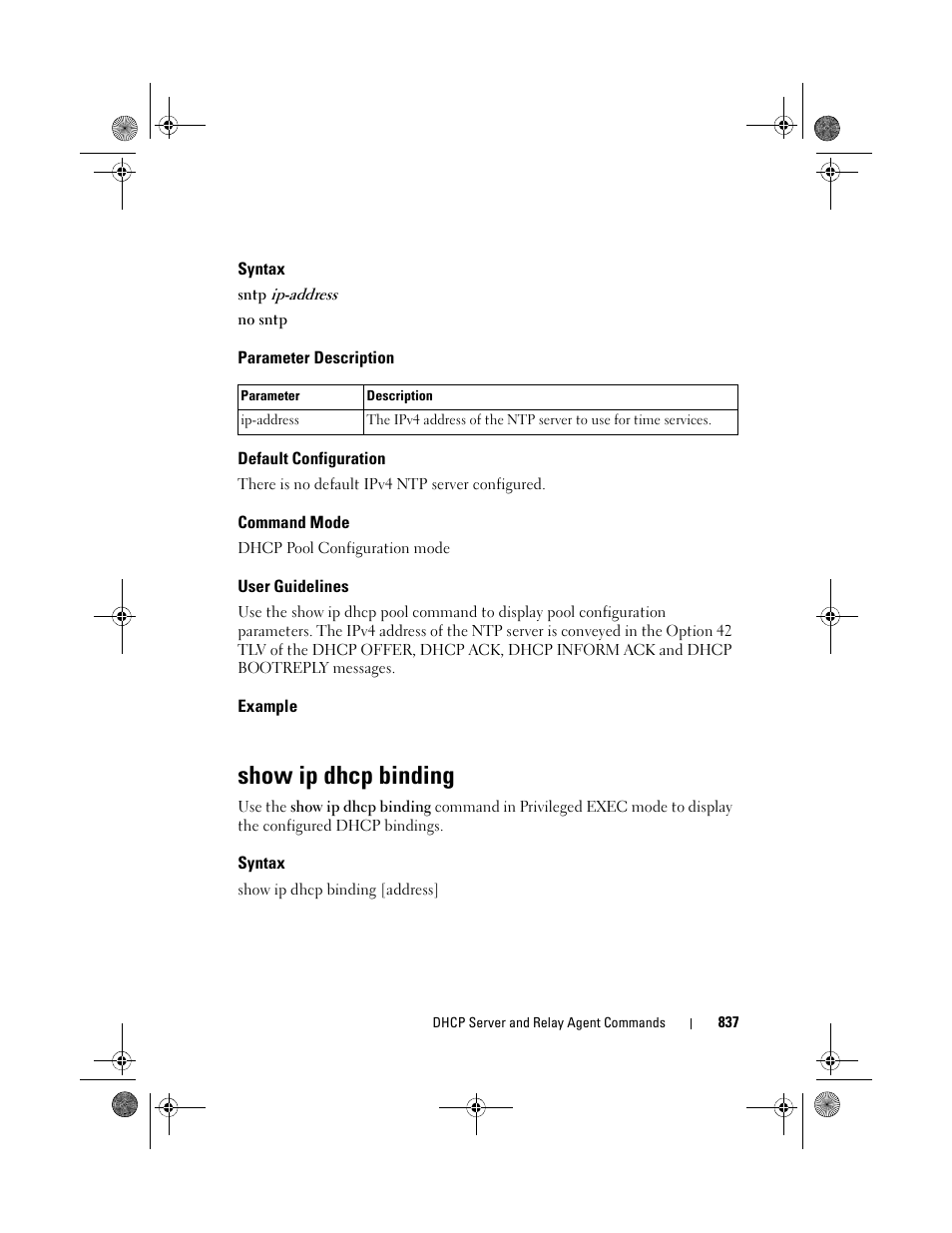 Syntax, Parameter description, Default configuration | Command mode, User guidelines, Example, Show ip dhcp binding | Dell POWEREDGE M1000E User Manual | Page 837 / 1682