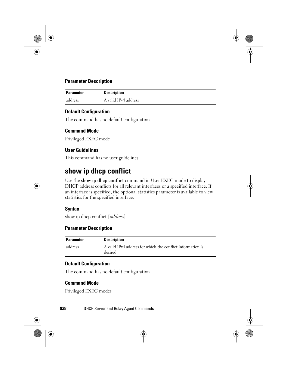 Parameter description, Default configuration, Command mode | User guidelines, Show ip dhcp conflict, Syntax | Dell POWEREDGE M1000E User Manual | Page 838 / 1682