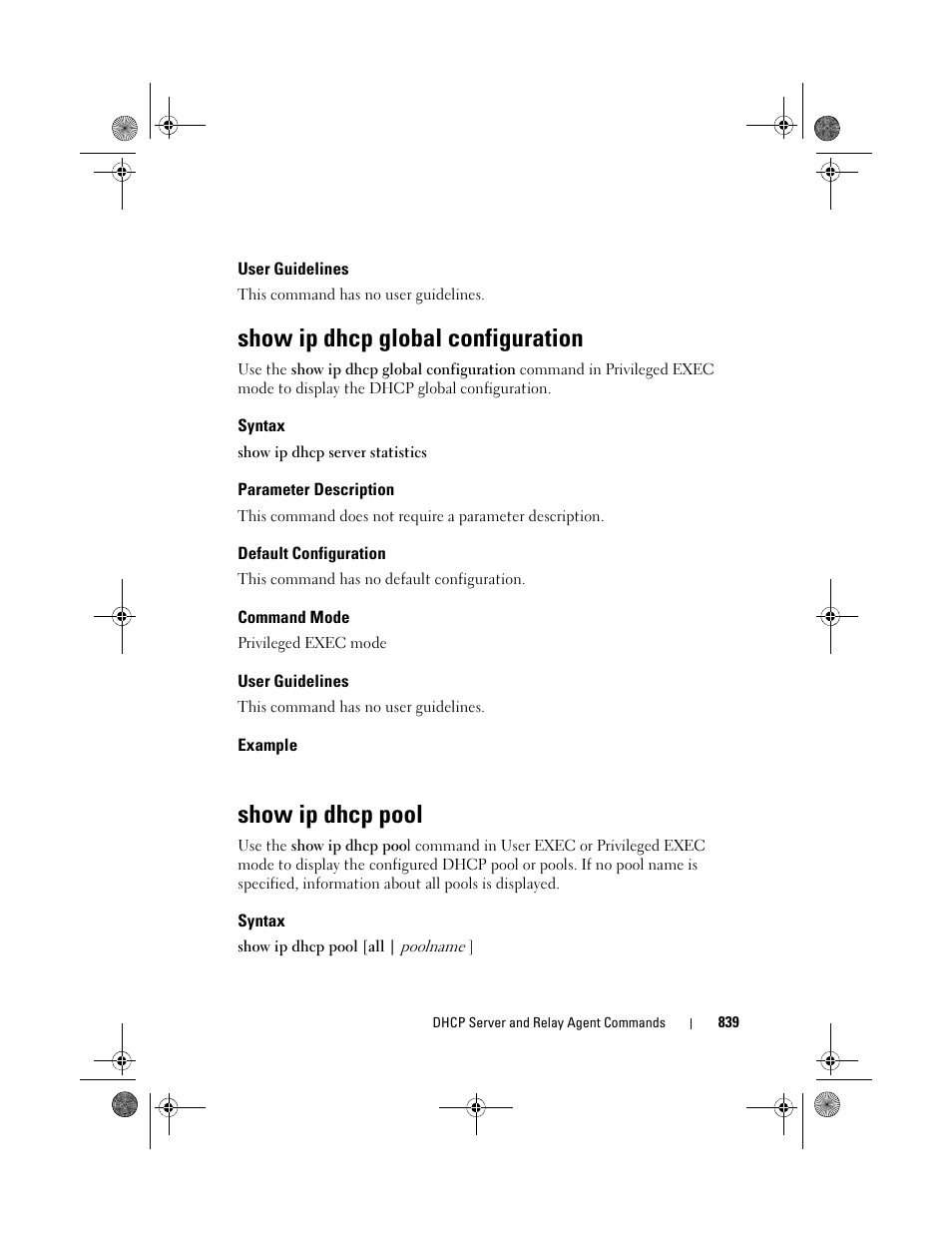 User guidelines, Show ip dhcp global configuration, Syntax | Parameter description, Default configuration, Command mode, Example, Show ip dhcp pool, Show ip dhcp global, Configuration | Dell POWEREDGE M1000E User Manual | Page 839 / 1682