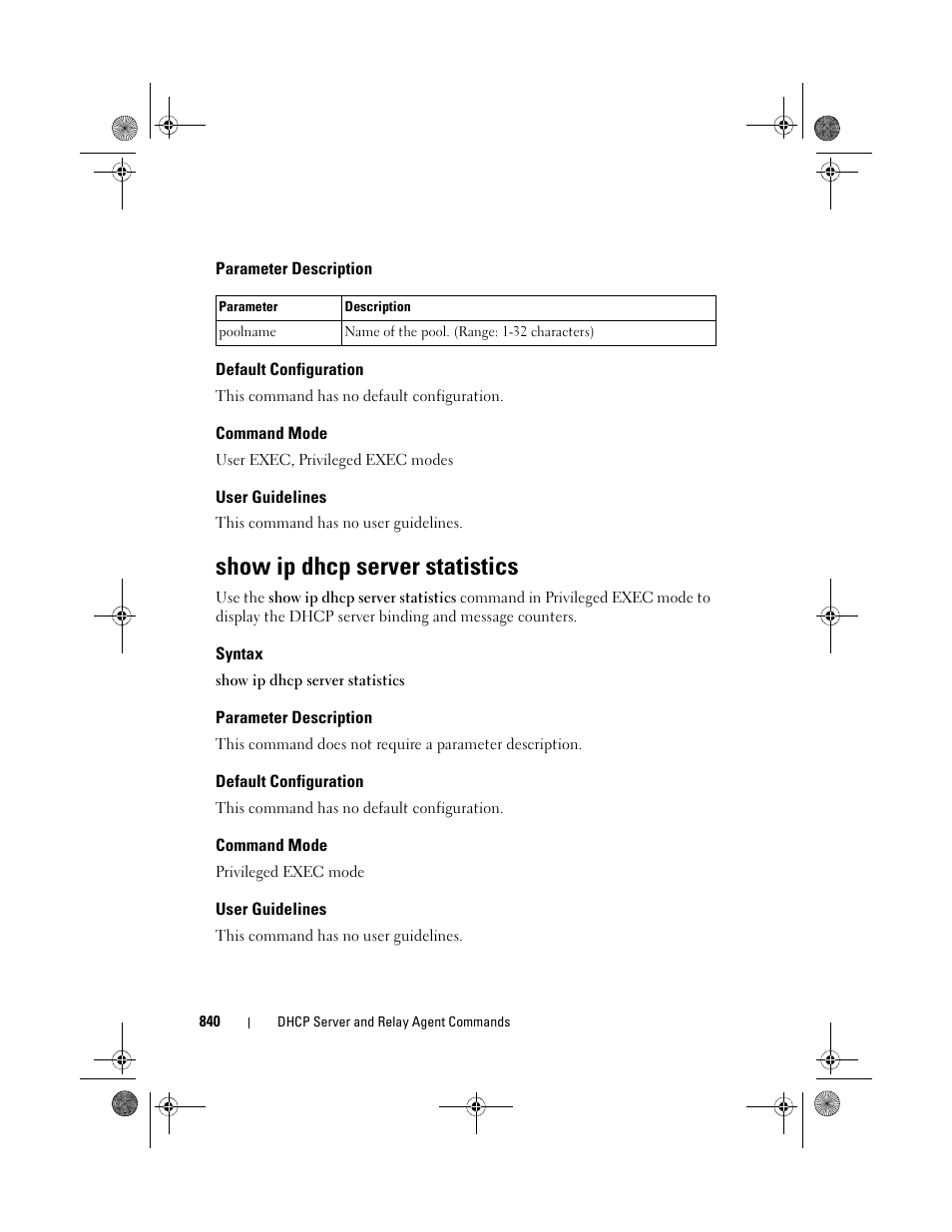 Parameter description, Default configuration, Command mode | User guidelines, Show ip dhcp server statistics, Syntax, Show ip dhcp server, Statistics | Dell POWEREDGE M1000E User Manual | Page 840 / 1682