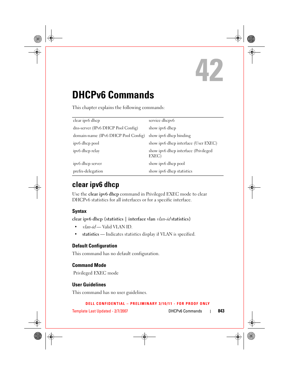 Dhcpv6 commands, Clear ipv6 dhcp, Syntax | Default configuration, Command mode, User guidelines | Dell POWEREDGE M1000E User Manual | Page 843 / 1682