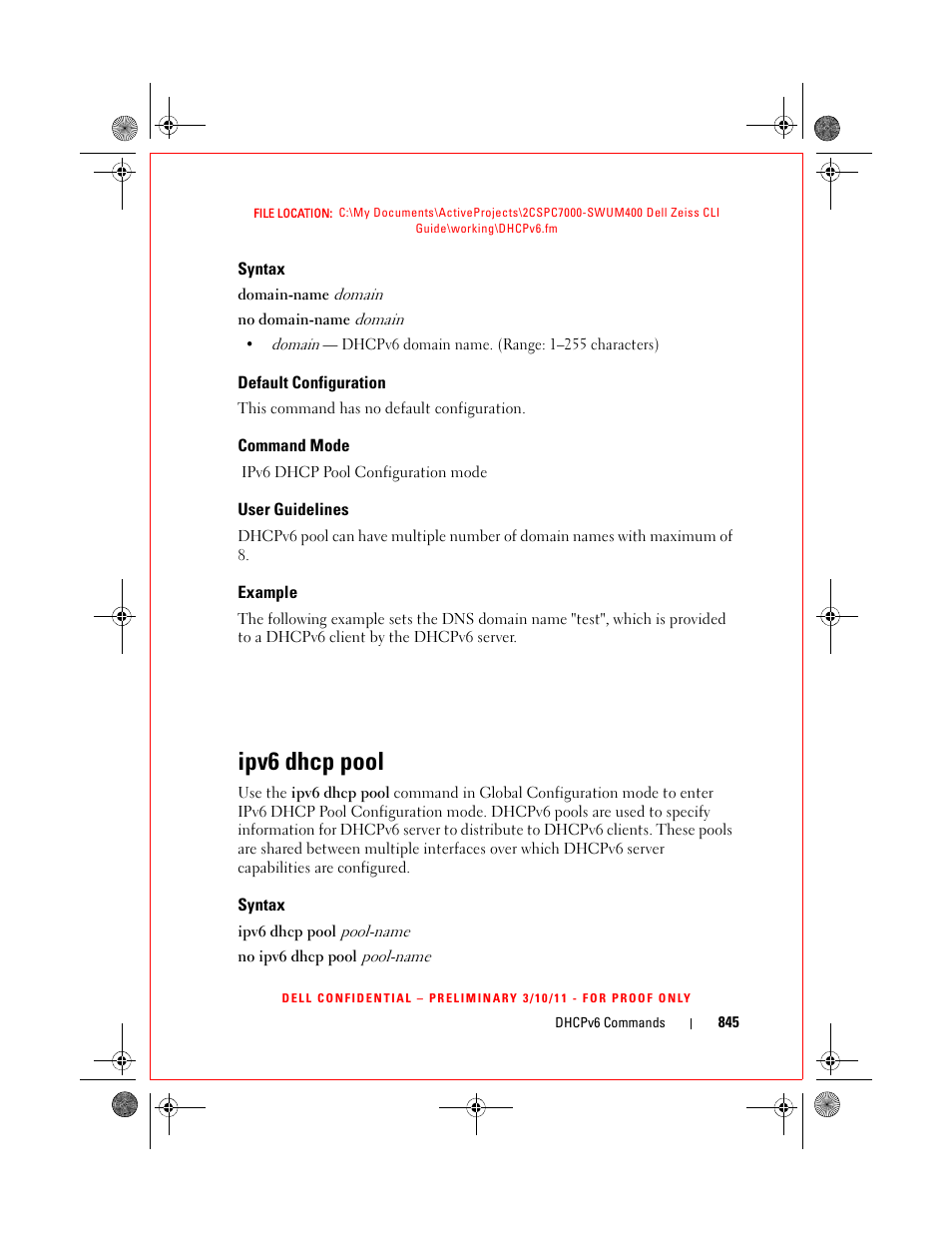 Syntax, Default configuration, Command mode | User guidelines, Example, Ipv6 dhcp pool | Dell POWEREDGE M1000E User Manual | Page 845 / 1682