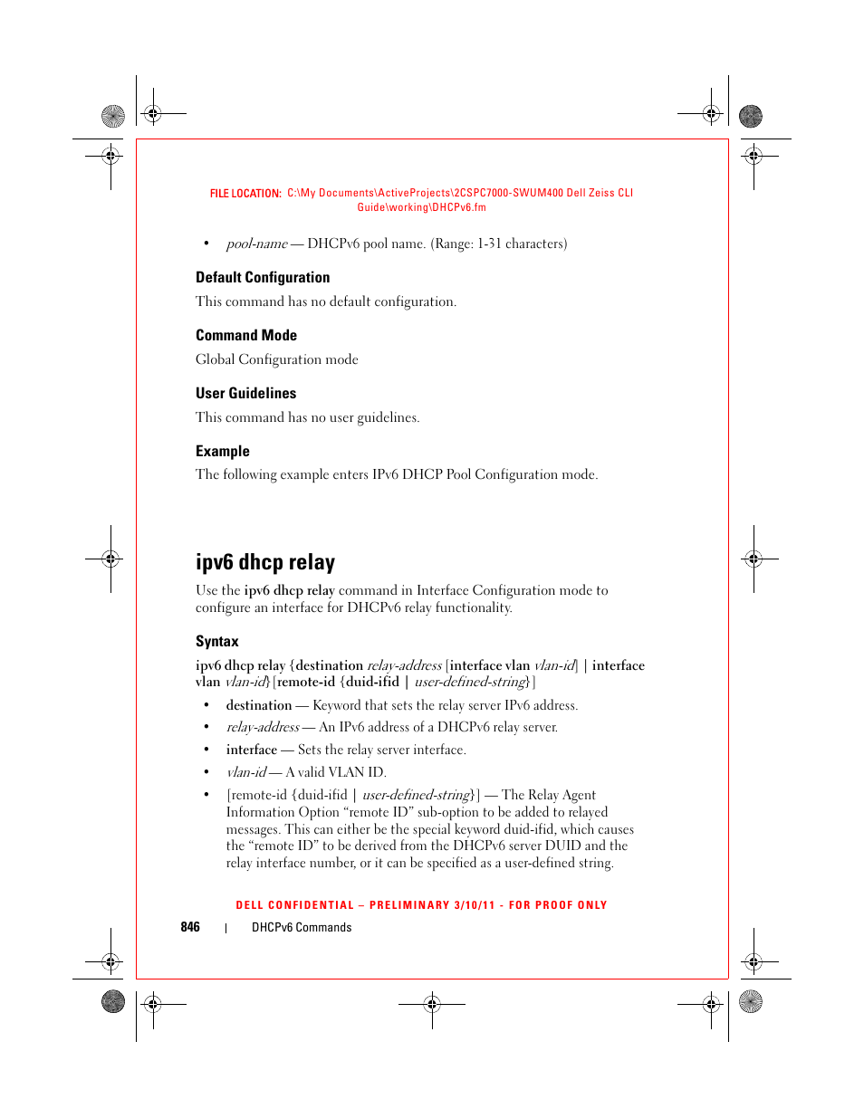 Default configuration, Command mode, User guidelines | Example, Ipv6 dhcp relay, Syntax | Dell POWEREDGE M1000E User Manual | Page 846 / 1682