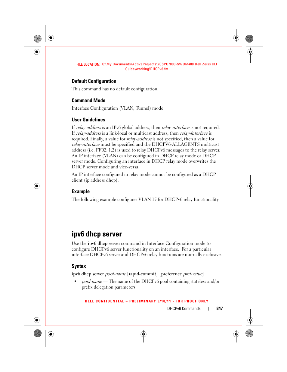 Default configuration, Command mode, User guidelines | Example, Ipv6 dhcp server, Syntax | Dell POWEREDGE M1000E User Manual | Page 847 / 1682