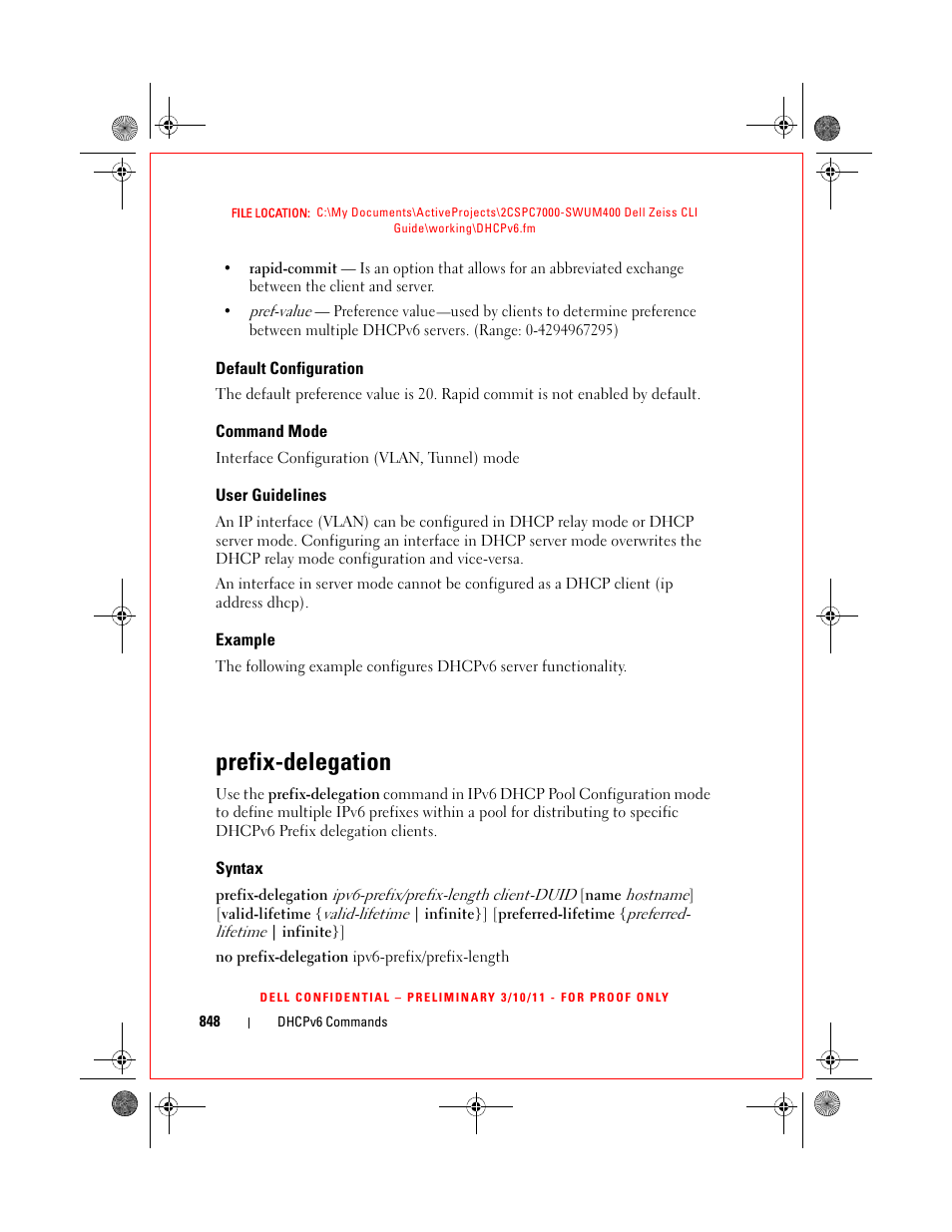 Default configuration, Command mode, User guidelines | Example, Prefix-delegation, Syntax | Dell POWEREDGE M1000E User Manual | Page 848 / 1682