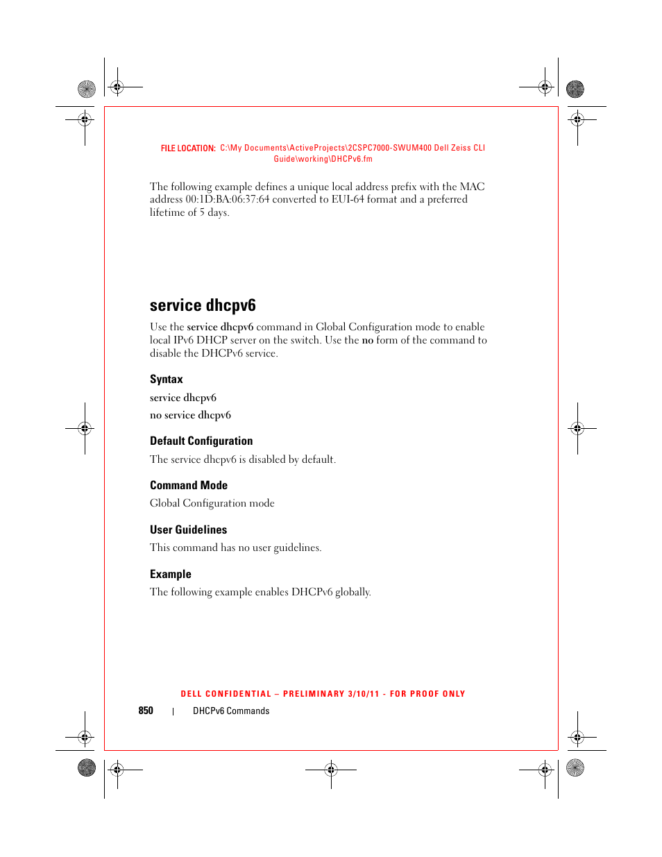 Service dhcpv6, Syntax, Default configuration | Command mode, User guidelines, Example | Dell POWEREDGE M1000E User Manual | Page 850 / 1682