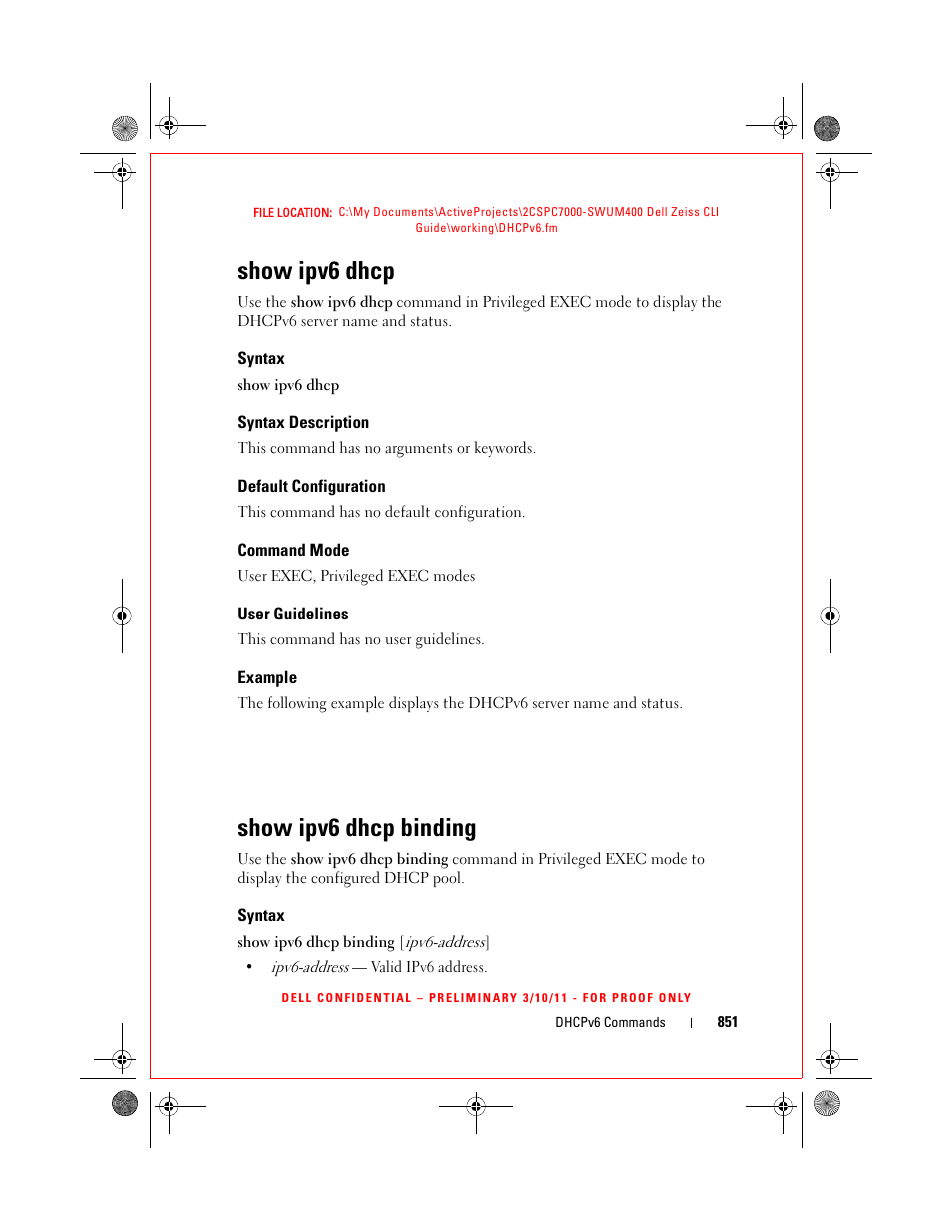 Show ipv6 dhcp, Syntax, Syntax description | Default configuration, Command mode, User guidelines, Example, Show ipv6 dhcp binding | Dell POWEREDGE M1000E User Manual | Page 851 / 1682