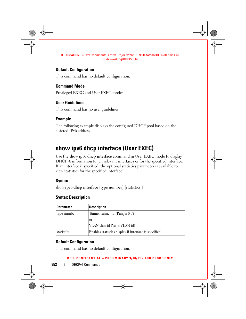 Default configuration, Command mode, User guidelines | Example, Show ipv6 dhcp interface (user exec), Syntax, Syntax description | Dell POWEREDGE M1000E User Manual | Page 852 / 1682