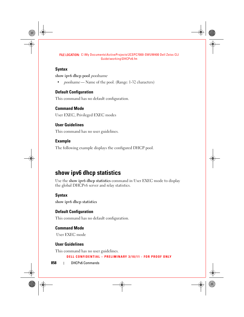 Syntax, Default configuration, Command mode | User guidelines, Example, Show ipv6 dhcp statistics | Dell POWEREDGE M1000E User Manual | Page 858 / 1682