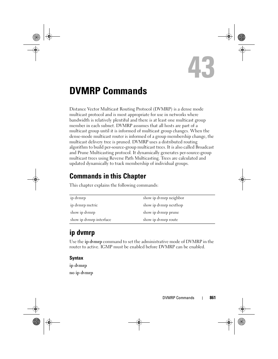 Dvmrp commands, Commands in this chapter, Ip dvmrp | Syntax | Dell POWEREDGE M1000E User Manual | Page 861 / 1682