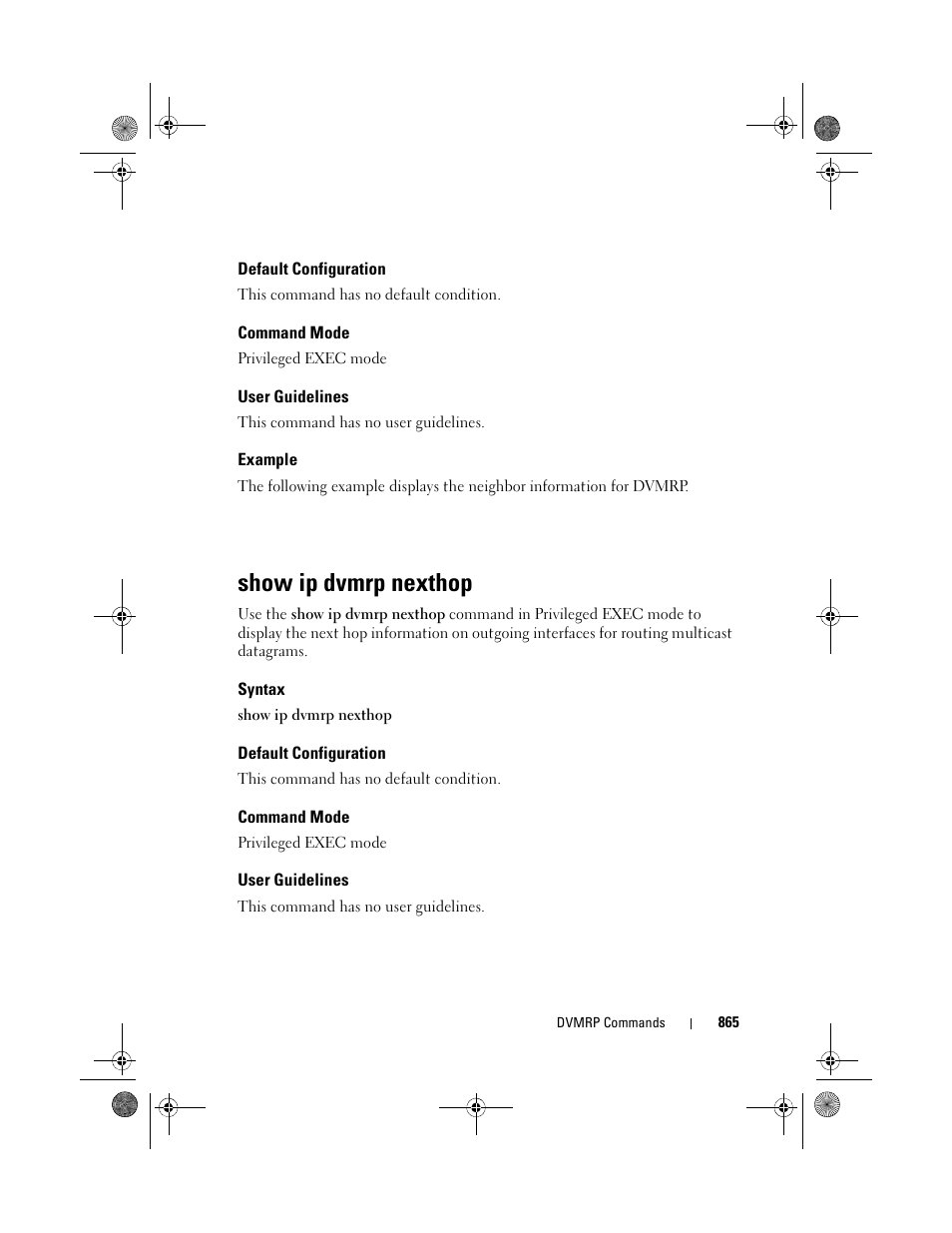 Default configuration, Command mode, User guidelines | Example, Show ip dvmrp nexthop, Syntax | Dell POWEREDGE M1000E User Manual | Page 865 / 1682