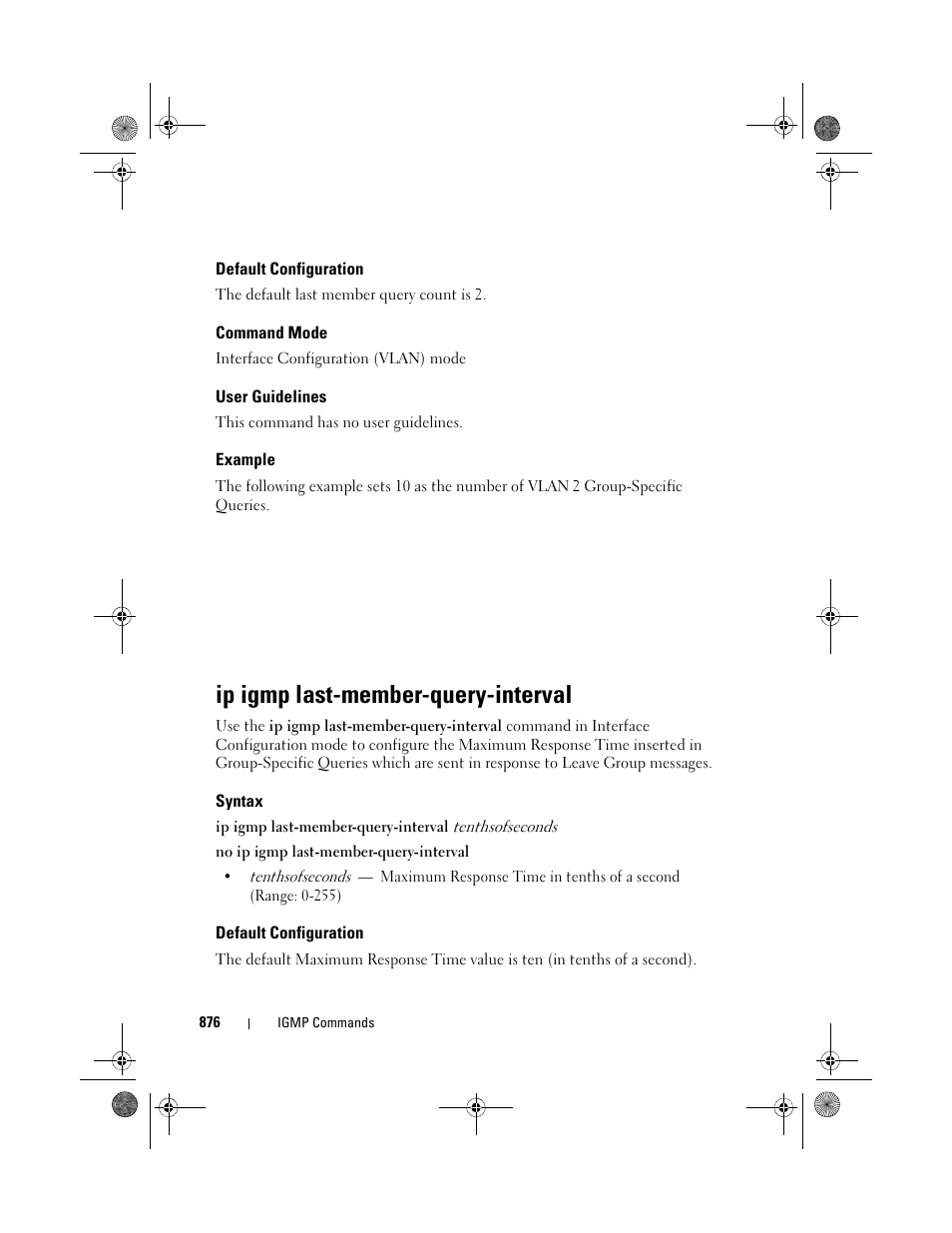 Default configuration, Command mode, User guidelines | Example, Ip igmp last-member-query-interval, Syntax | Dell POWEREDGE M1000E User Manual | Page 876 / 1682