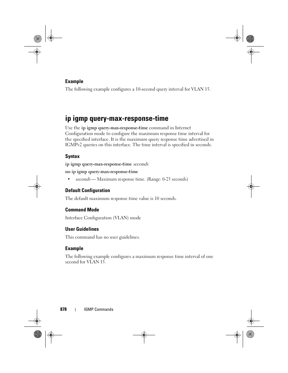 Example, Ip igmp query-max-response-time, Syntax | Default configuration, Command mode, User guidelines | Dell POWEREDGE M1000E User Manual | Page 878 / 1682