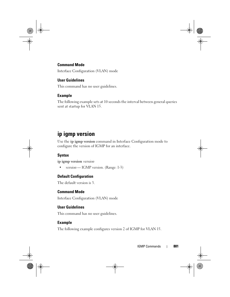 Command mode, User guidelines, Example | Ip igmp version, Syntax, Default configuration | Dell POWEREDGE M1000E User Manual | Page 881 / 1682