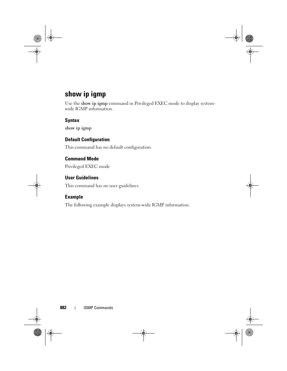 Show ip igmp, Syntax, Default configuration | Command mode, User guidelines, Example | Dell POWEREDGE M1000E User Manual | Page 882 / 1682