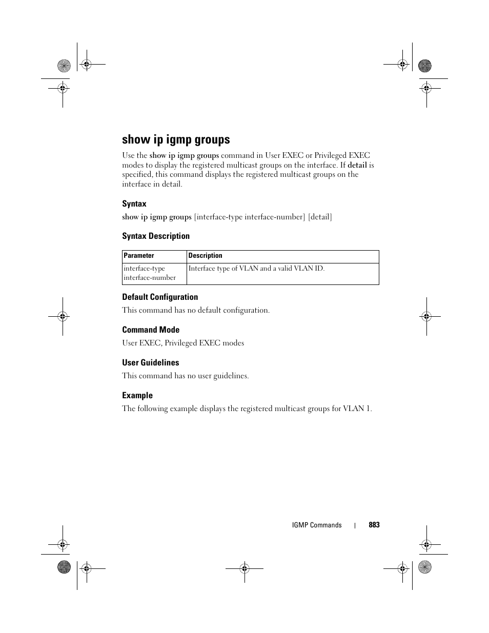 Show ip igmp groups, Syntax, Syntax description | Default configuration, Command mode, User guidelines, Example | Dell POWEREDGE M1000E User Manual | Page 883 / 1682