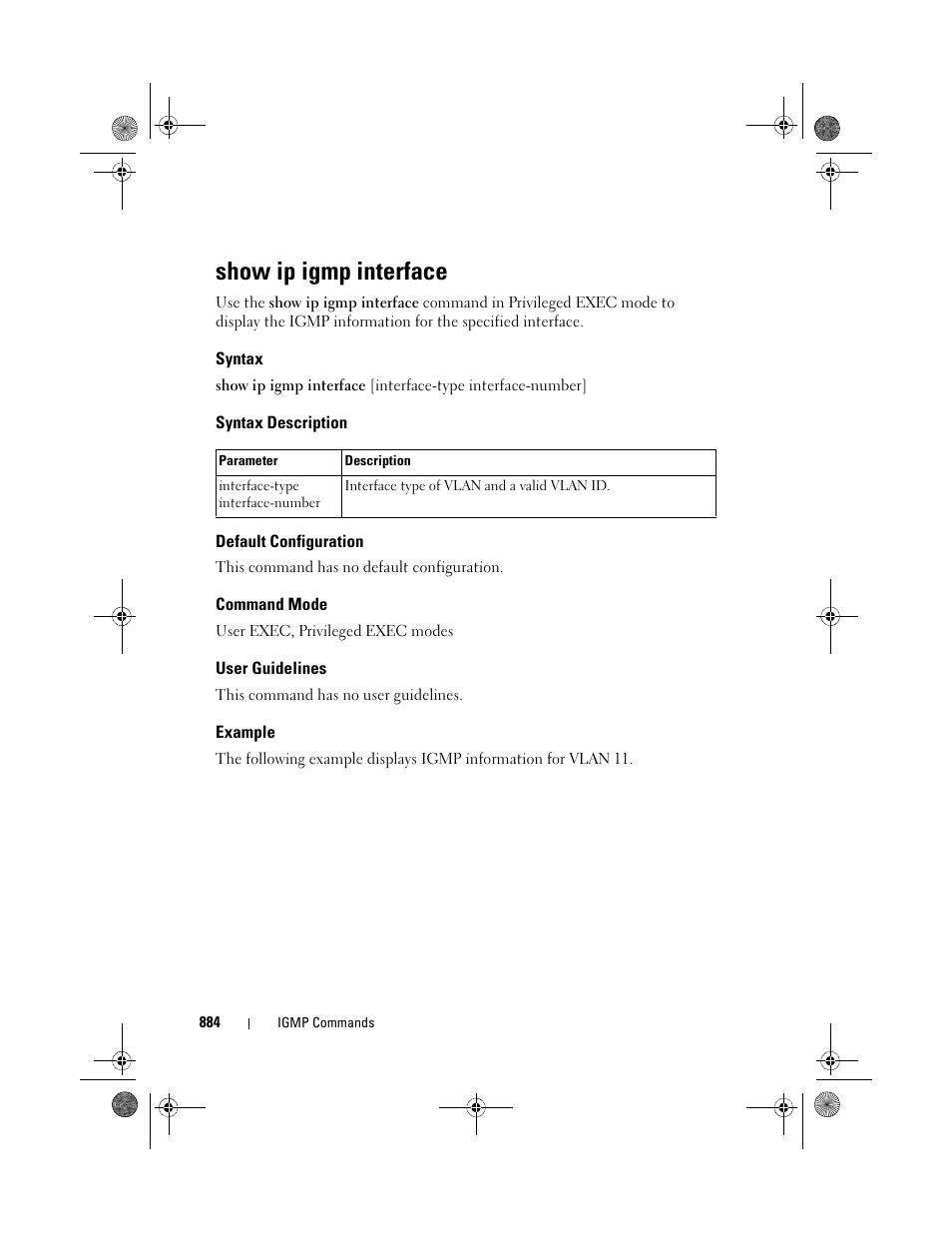 Show ip igmp interface, Syntax, Syntax description | Default configuration, Command mode, User guidelines, Example | Dell POWEREDGE M1000E User Manual | Page 884 / 1682