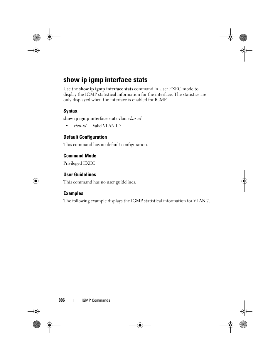 Show ip igmp interface stats, Syntax, Default configuration | Command mode, User guidelines, Examples | Dell POWEREDGE M1000E User Manual | Page 886 / 1682