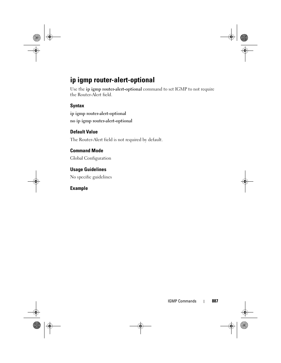 Ip igmp router-alert-optional, Syntax, Default value | Command mode, Usage guidelines, Example | Dell POWEREDGE M1000E User Manual | Page 887 / 1682