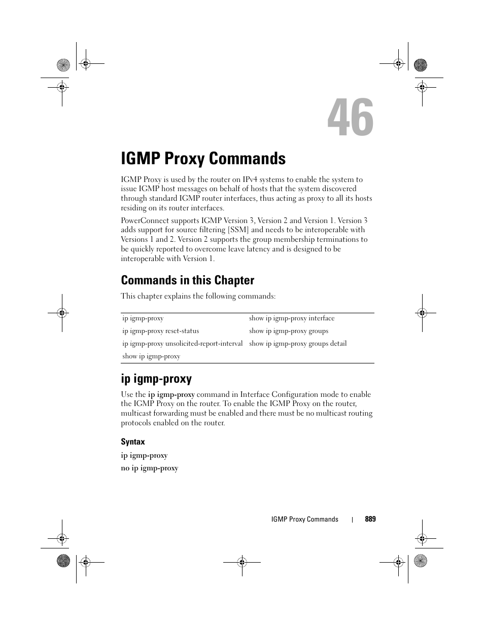 Igmp proxy commands, Commands in this chapter, Ip igmp-proxy | Syntax | Dell POWEREDGE M1000E User Manual | Page 889 / 1682