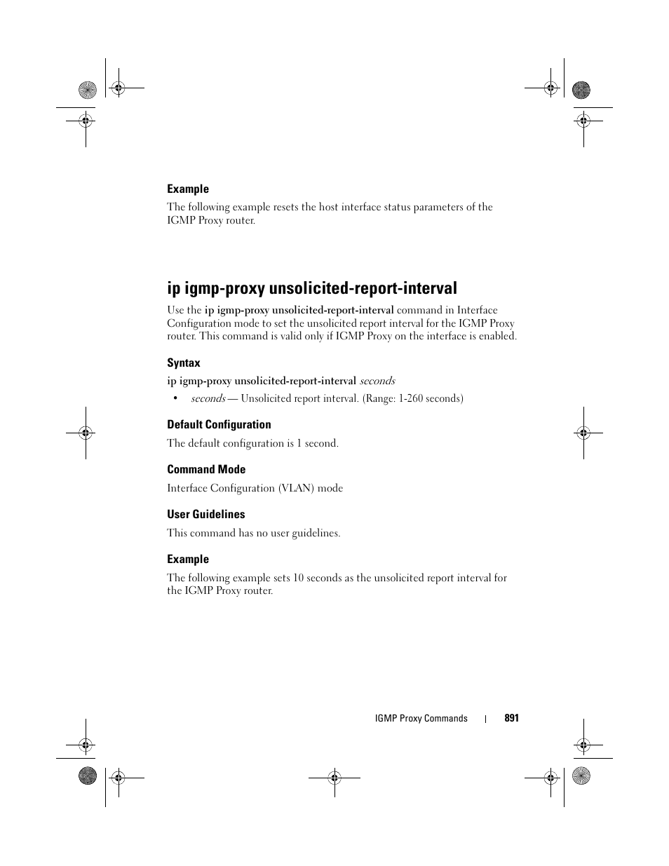 Example, Ip igmp-proxy unsolicited-report-interval, Syntax | Default configuration, Command mode, User guidelines | Dell POWEREDGE M1000E User Manual | Page 891 / 1682