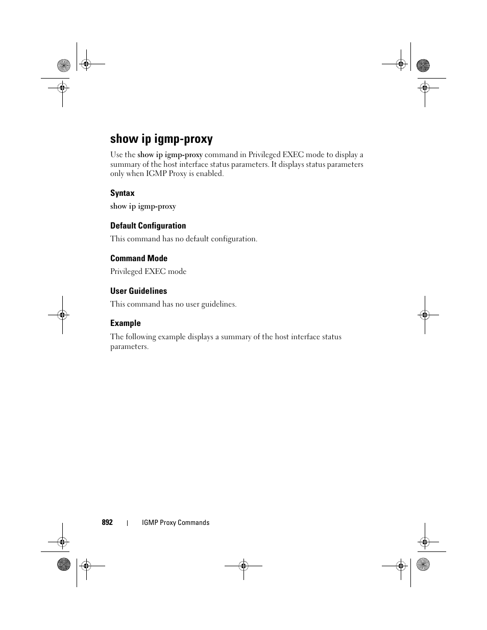 Show ip igmp-proxy, Syntax, Default configuration | Command mode, User guidelines, Example | Dell POWEREDGE M1000E User Manual | Page 892 / 1682