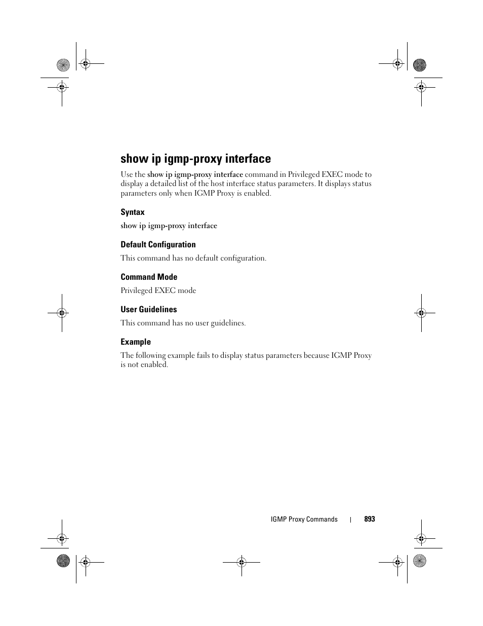 Show ip igmp-proxy interface, Syntax, Default configuration | Command mode, User guidelines, Example | Dell POWEREDGE M1000E User Manual | Page 893 / 1682